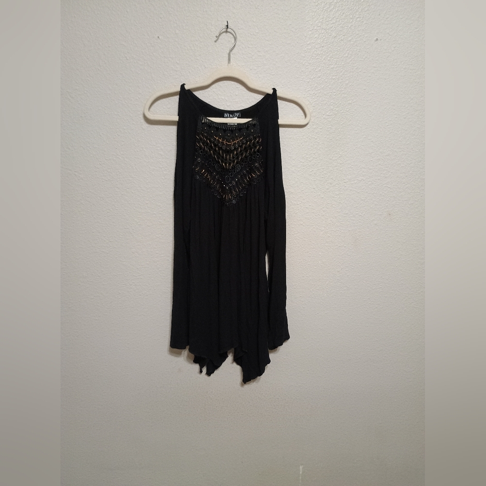 Black Long Sleeve Beaded Top with Gold Accents